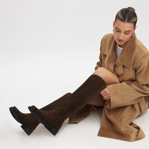 Image of Dsevht Black Knee High Boots for Women Faux Leather Elastic Low Heel Round Square Toe Side Zipper Fall Long Tall Boot