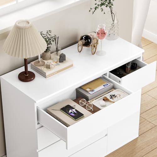 FOREHILL Kommode weiß mit 5 Schubladen und 1 Tür Sideboard 100cm Komodenschrank für Schlafzimmer, Wohnzimmer, Arbeitszimmer, Flur Schubladenschrank 100x40x80cm