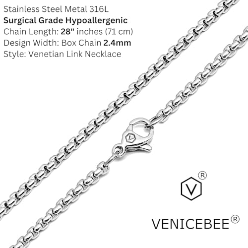 VENICEBEE® Long Box Chain 28" Stainless Steel Chain Medical Grade 316L Surgical Metal Venetian Link Necklace 28" INCHES 2.4MM Wide Chain 28 inch + Pouch - HYPOALLERGENIC LEAD-FREE METAL2