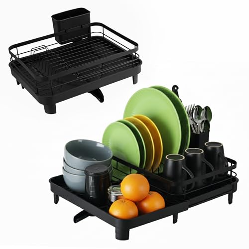 ToughHub Extendable Dish Drainer Rack & Holder with Drip Tray – Black Anti-Rust Metal Dish Drying Rack with Cutlery Holder and Swivel Spout for Kitchen Counter & Sink