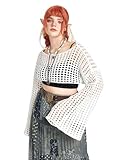 COZYEASE Women's Plus Size Y2K Hollow Out Long Sleeve Shrug Boat Neck Knit Crop Top Crochet Pullover Sweater White 1XL