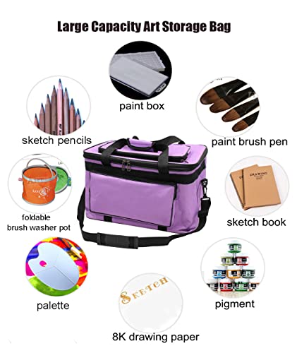 Image of Art Supplies Organizer Bag Craft Tool Storage Tote Carrying Case Artist Travel Carrier Waterproof Paint Box Foldable For Drawing Sketch Painting Large Capacity, purple, 18.5x11.8x10.6inch(47x30x27cm)