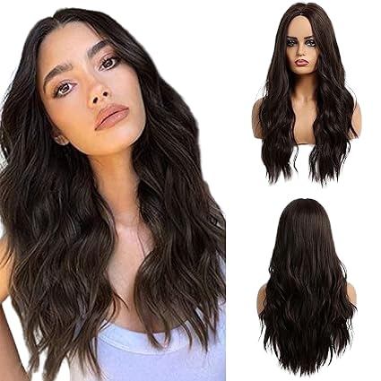 Women’s 24-Inch Long Wavy Hair Wig – Synthetic Full Head Wig, Washable & Natural-Looking, Soft Curly Wig for Birthday, Party, Wedding, Halloween, and Cosplay Black Brown(1pcs net wig cap, 6 pcs section clip)-image-1