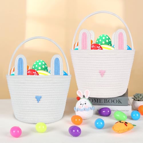 Image of QOUBAI 2 Pack Easter Baskets Woven Bunny Basket with Rabbit Ears Rope Easter Eggs Basket with Handles for Candy Gift Storage Easter Egg Hunt Party Favor Supplies