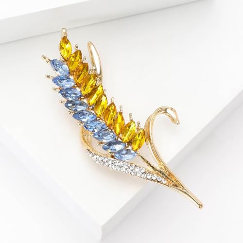 Image of Fashion Rhinestone Ear of Wheat Brooch for Women Ukrainian Flag Brooch Patriotic Pin Dress Suit Pin Accessories Party Banquet Gift