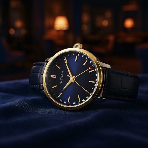 Image of Titan Elegance Analog with Date by Hand and Blue Dial Blue Leather Strap Watch for Men - 90202BL01