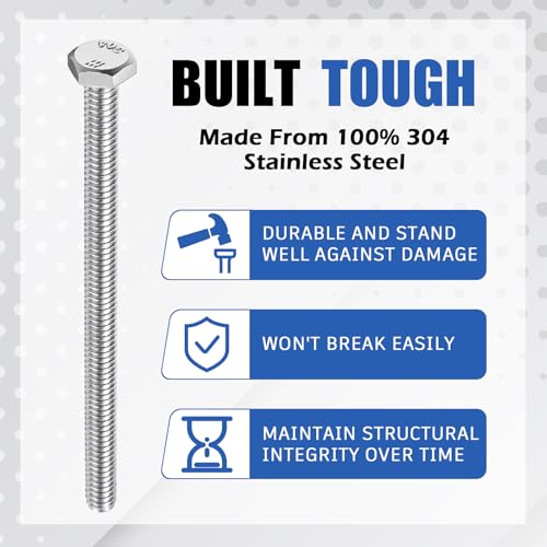 Image of Zonon 50 Pcs 1 /2-13 x 5 Hex Head Screw Bolt 18-8 (304) Stainless Steel Hexagon Bolts, Fully Threaded, Plain Finish, External Hex Drive (Silver)