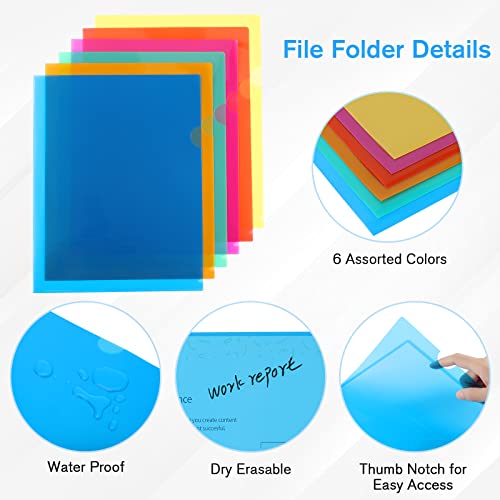 Ktrio 12Pcs Plastic File Folders, Clear Colored Project Pockets Plastic Sleeves, L-Type Documents Folder Jacket, Paper Sheet Protectors For Office School, Fits Letter Size, 6 Assorted Colors #TOP2