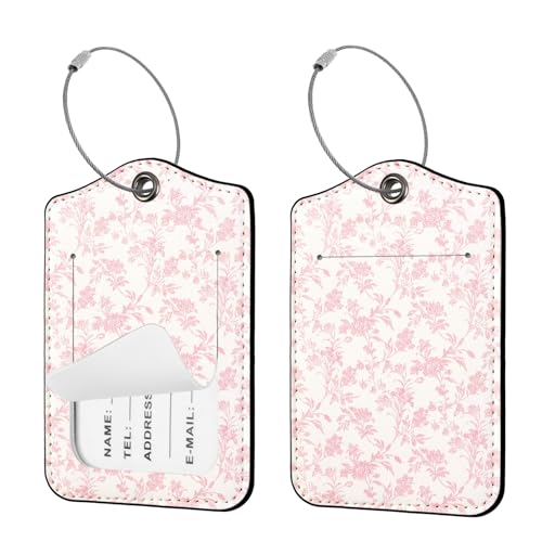 Seorsok 2Pcs Luggage Travel Tags for Suitcases Elegant Sage Pink Floral PU Leather Name Tag with Privacy Cover&ID Label Address Card and Durable Metal Ring Suitable for Men Women Handbags Backpack