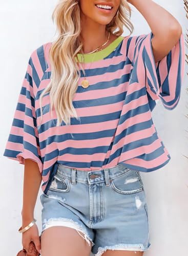 Dokotoo Tops for Women Striped 2025 Fashion T Shirts for Women Color Block Crewneck Design Loose Basic Tee2