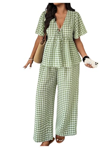 SOLY HUX Womens Plus Size 2 Piece Outfit Gingham Set V Neck Blouse and Wide Leg Pants for Curvy Green Plaid 2x