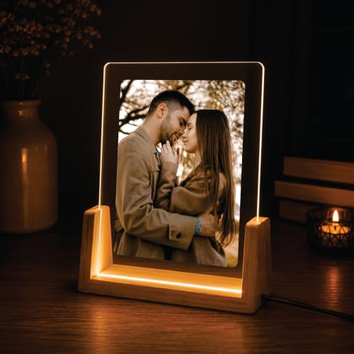Image of Giftplease Personalized LED Acrylic Photo Frame with Wooden Base | Custom Engraved Photo Lamp | Customized Picture Frame Light | USB Powered Acrylic Night Lamp | Anniversary, Wedding, Birthday, Couple