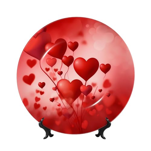 hsbolediy Valentine's Day Heart Balloon Porcelain Decorative Plate Memorial Plates 10in, Home Ceramic Ornament with Display Stand for Couple Wedding Anniversary Dinner Office Decor