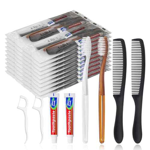 Gisdo 50pcs Disposable Toothbrushes with Toothpaste and Comb Floss Individually Wrapped 4-in-1 Bulk Toothbrush Kit with 2 Color Toothbrush 10 grams Toothpaste 7 inch Comb Floss Pick for Homeless Hotel