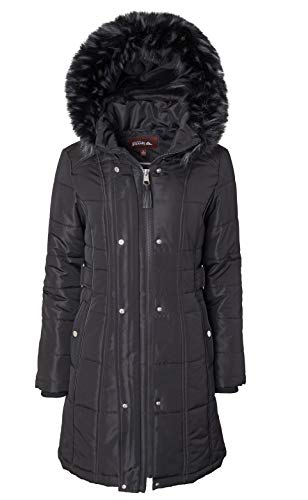 Women's Long Down Alternative Puffer Coat Detachable Plush Lined Fur Trim Hood - Black (2X)2