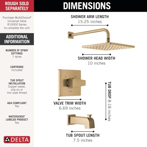 Image of Delta Modern 14 Series Square Rain Bathtub and Shower Faucet Set, Rainfall Brushed Gold Shower Head and Handle Set, Valve Trim Kit, 10 Inch, Champagne Bronze T14468-CZ-PP (Valve Not Included)