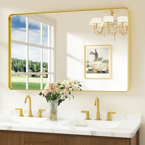 Keonjinn Spiegel Gold 120x75cm, Badspiegel mit Metallrahmen, Gehärtetes Glas Rechteckiger Bad Wand Spiegel Flur für Badezimmer, Wohnzimmer… – Ansicht 1