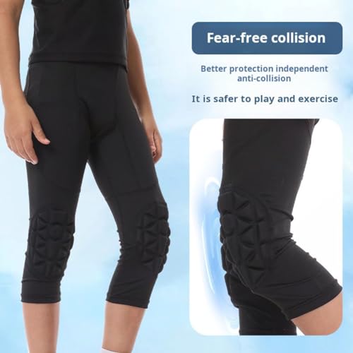 Hotfiary Youth Kids Pants with Knee Pads Boys 3/4 Capri Compression Tights Padded Basketball Workout Leggings for Kids3