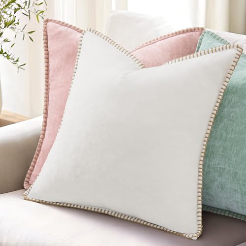 Image of decorUhome Fall Chenille Soft Cozy Throw Pillow Covers 16x16 Set of 2, Modern Farmhouse Boho Velvet Decorative Pillow Cases with Stitched Edge for Couch Sofa Bed Home Decor, Aqua Haze