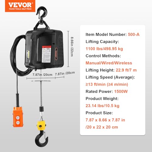 VEVOR 3in1 Electric Hoist Winch Crane, 1100lbs Material Handling Tool, Wired and Wireless Remote Control, Overload Protection for Garage, Warehouses, and Factories, Comes with Gloves