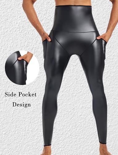 Ausing Herren Slim Fit Hose Leder Lederhose Hohe Taille Leggings mit Taschen Kunstlederhosen Casual Stretch Kostüm Rave Party Schwarz S