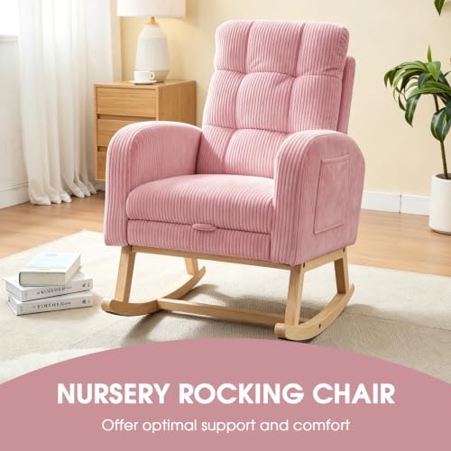 Image of NIOIIKIT Nursery Rocking Chair, Corduroy Upholstered Rocking Chair with Adjustable Footrest, Tufted Rocker Chair with Side Pocket, Glider Rocker for Living Room, Bedroom (Pink Retro)
