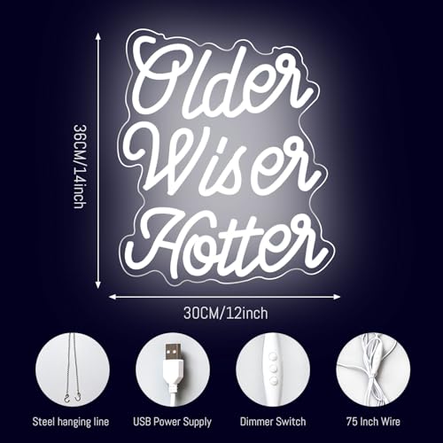 Image of White Older Wiser Hotter Neon Sign Happy Birthday Funny Neon Light for Men Women Birthday Party Decorations Backdrop Lights Sign Birthday Gift