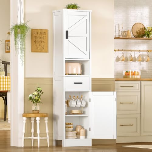 Image of TEENFON 67 inch H Bathroom Storage Cabinet with Barn Doors & Adjustable Shelves, Bathroom Cabinet with Drawer, Narrow Bathroom Storage Unit, Floor Cabinets for Living Room, Kitchen, White