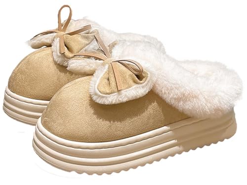 Rungion Cute Bow Winter Slipper for Women Plush Lined House Slip-On Shoes Outdoor Non-slip Warm Platform Suede Slipper