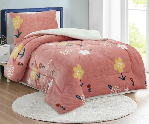 HaraDeco Manta para Cama Individual 90/105 con Una Funda Almohada, de Borrego Terciopelo Gruesa de Gran Volumen y Abriga para Tiempo Fría(Flor Good Luck, 160x220cm)