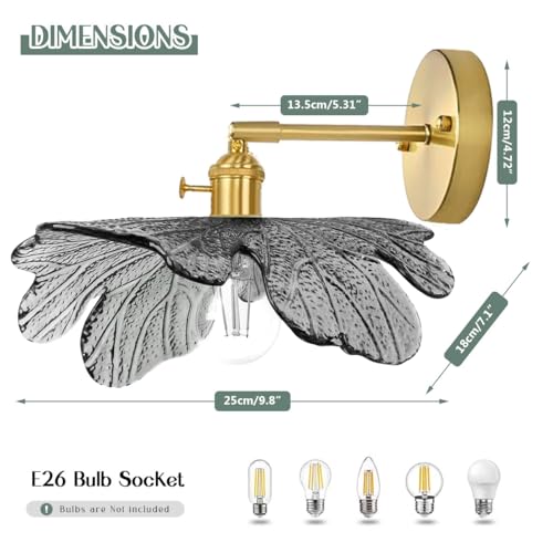 Image of Vintage Wall Sconce Gray Flower 1-Light Bathroom Vanity Light | Gold Brass Wall Light with Flower Glass Shade Hradwired Mid Century Modern E26 Base for Over Mirror Bedside Bedroom Doorway