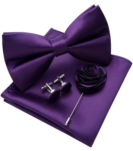 Image of Solid Color Bow Ties for Men Silk Pre-tied Tuxedo Bowtie Set 4PCS | Pre-tied in 3 seconds,adjustable 4PCS bow tie and pocket square cufflinks lapel pin set,wedding,formal,party,prom,graduation