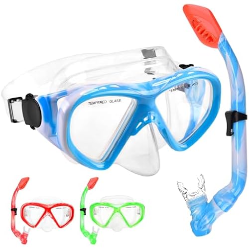 Kids Snorkel Set Dry Top Snorkeling Gear for Kids Youth Boys Girls Junior Age 5-15,Tempered Glass Swimming Diving Mask and Snorkel Set 180 Degree Panoramic View