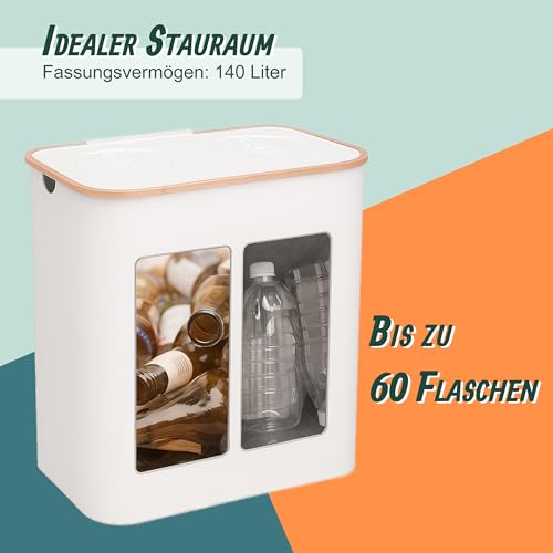 Relaxdays Pfandflaschen Sammelbehälter, 140 L, bis 60 Flaschen, 2 Innenbeutel, Flaschensammler für Glas & Plastik, weiß