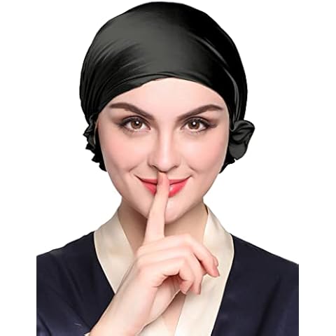 LilySilk Silk Sleep Cap 100% Pure Silk for Prevent Hair Loss 19 Momme Night Hair Wrap for Sleeping Elastic Band Bonnet, Black Cover