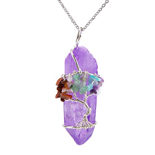 Bivei Tree of Life 7 Chakra Gemstone Copper Wire Wrap Irregular Clear Quartz Point Crystal Pendant Necklace(Silver Plated Chakra-Titanium Coated Purple)