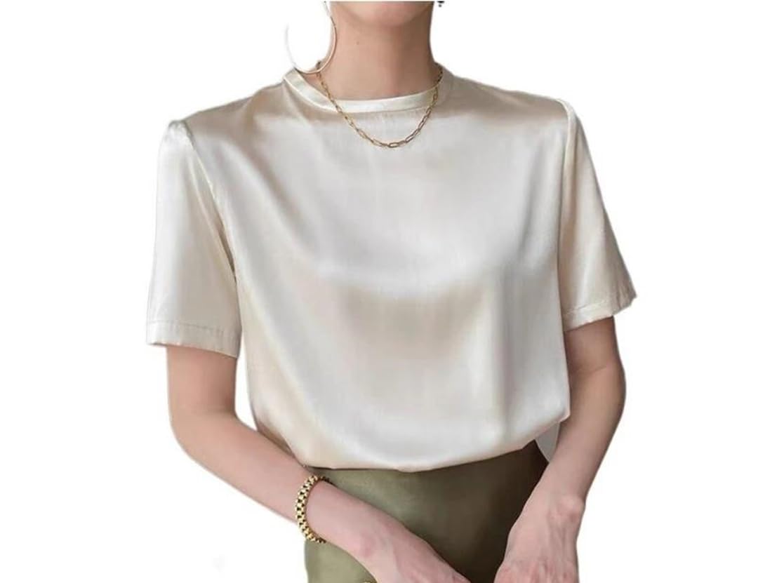 T-shirt da donna in raso di seta a maniche corte stile coreano estate elegante top tinta unita camicia casual allentata