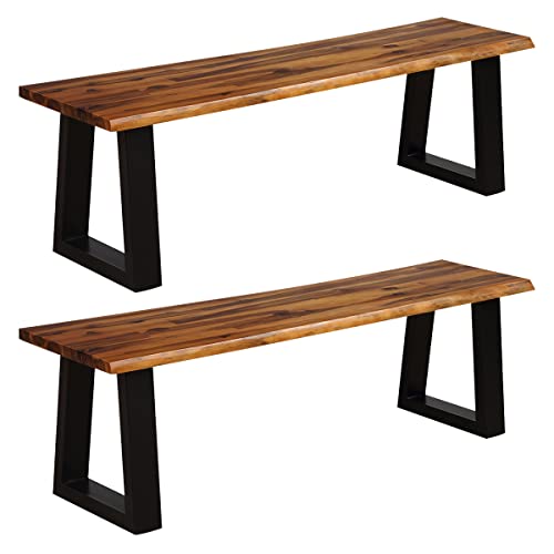 Image of Giantex 57.5 inch Live Edge Acacia Wood Bnech, 3-Person Backless Outdoor Dining Bench with Metal Legs & Adjustable Foot Pads for Entryway, Balcony, Porch, Backyard, Garden and Poolside (2 Pack)