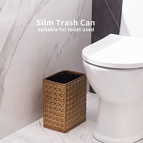 2.3 Gal Trash Can For Bathroom, Small Office Garbage Can For Kitchen, Slim Rectangular Waste Bin, Ceramic, Bronze #TOP6