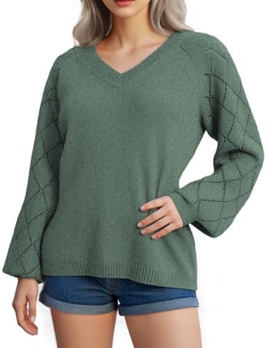 Tmeefee Womens 2025 Fall Sweaters: Long Sleeve Tops Classic V Neck Pullover Sweaters Loose Dressy Casual Basic Clothes Dark Green