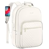 LOVEVOOK Leather Backpacks for Women,15.6 inch Leather Laptop Backpack Women Computer Backpack Laptop Bag,Stylish Quilted Travel Backpack Purse Work College Teacher Backpacks with USB Port,Off-white