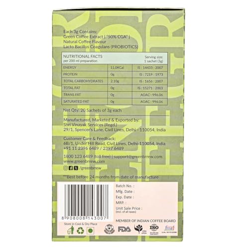 Greenbrrew Natural Green | 100% Unroasted Coffee | Classic Blend | Daily Regular | 20 Servings | 60g (Pack Of 2)