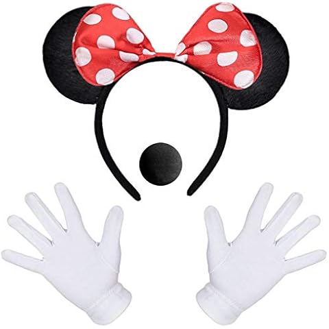 iZoeL Mouse Ear Headband White Gloves Black Nose Bow Tie for Carnival Accessory Birthday Fancy Dress Party Bag Favors Cartoon Character Cosplay Adult Kid Cover