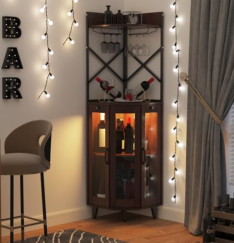 COCO DESIGN Corner Wine Cabinet with Lockable Glass Door & LED Light 4-Tier Liquor Bar Unit Modern Farmhouse Home Bar for Living Room 2 Wine Racks & 2 Glass Display Trays Walnut