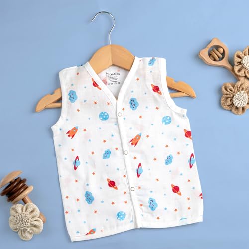 Image of Kidbea Newborn Baby Jhabla Muslin Cotton Clothes for Boys & Girls | Soft Breathable, Cute Printed Sleeveless Baby Wear with Button Closure