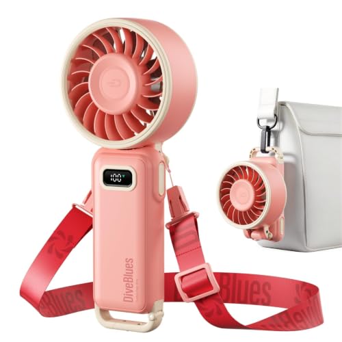 Image of Diveblues Portable Turbo Fan, Pink Travel Fan, Wearable Neck Fan | Small High Speed Handheld, 180 Foldable 4-in-1, Personal Neck Fan with Carabiner Clip, 100 Speed Stepless Control