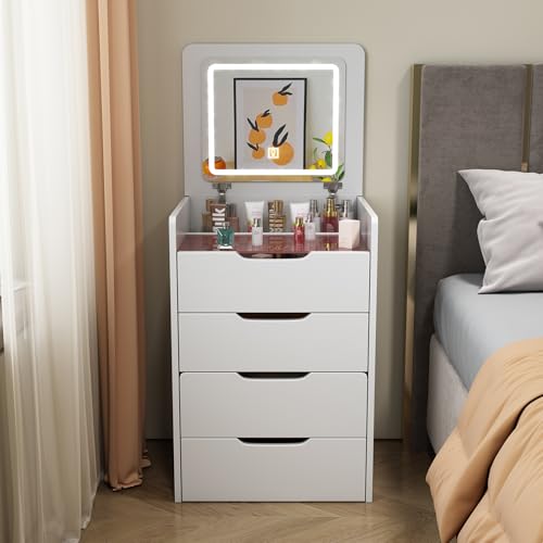 MATONELL 3 in 1 Vanity Desk with Plip Top Mirror,Small Make Up Vanity Set with Visible Glass Desktop,Compact Makeup Vanity with 3 Drawers,Cushioned Tool,Dressing Table for Bedroom