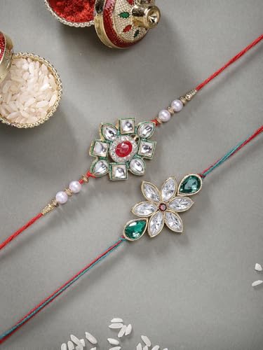 Image of Sukkhi Elegant Kundan Designer Gold Plated Premium Rakhi for Brother, Roli Chawal & Greeting Card | Combo-Set of 2