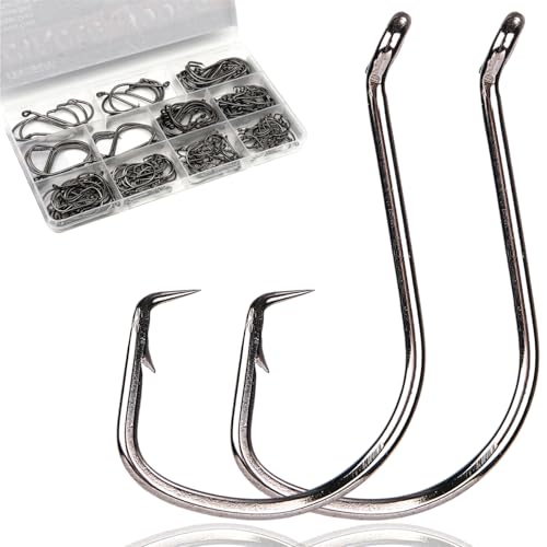 FINOSEAK 170Pcs Octopus Circle Hooks Freshwater, Sturdy Catfish Hooks Offset Circle Fishing Hooks Set Barbed Saltwater 9 Sizes Assorted 1# 1/0 2/0 3/0 4/0 5/0 6/0 7/0 8/0