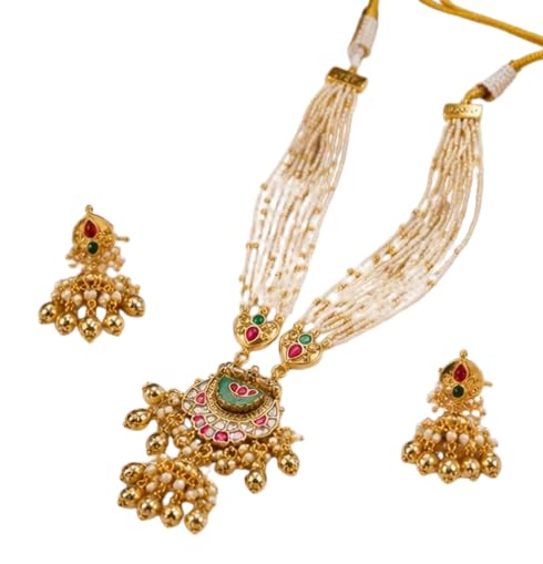 Traditional Gold-Tone Pearl Beaded Long Necklace Set with Jhumka Earrings